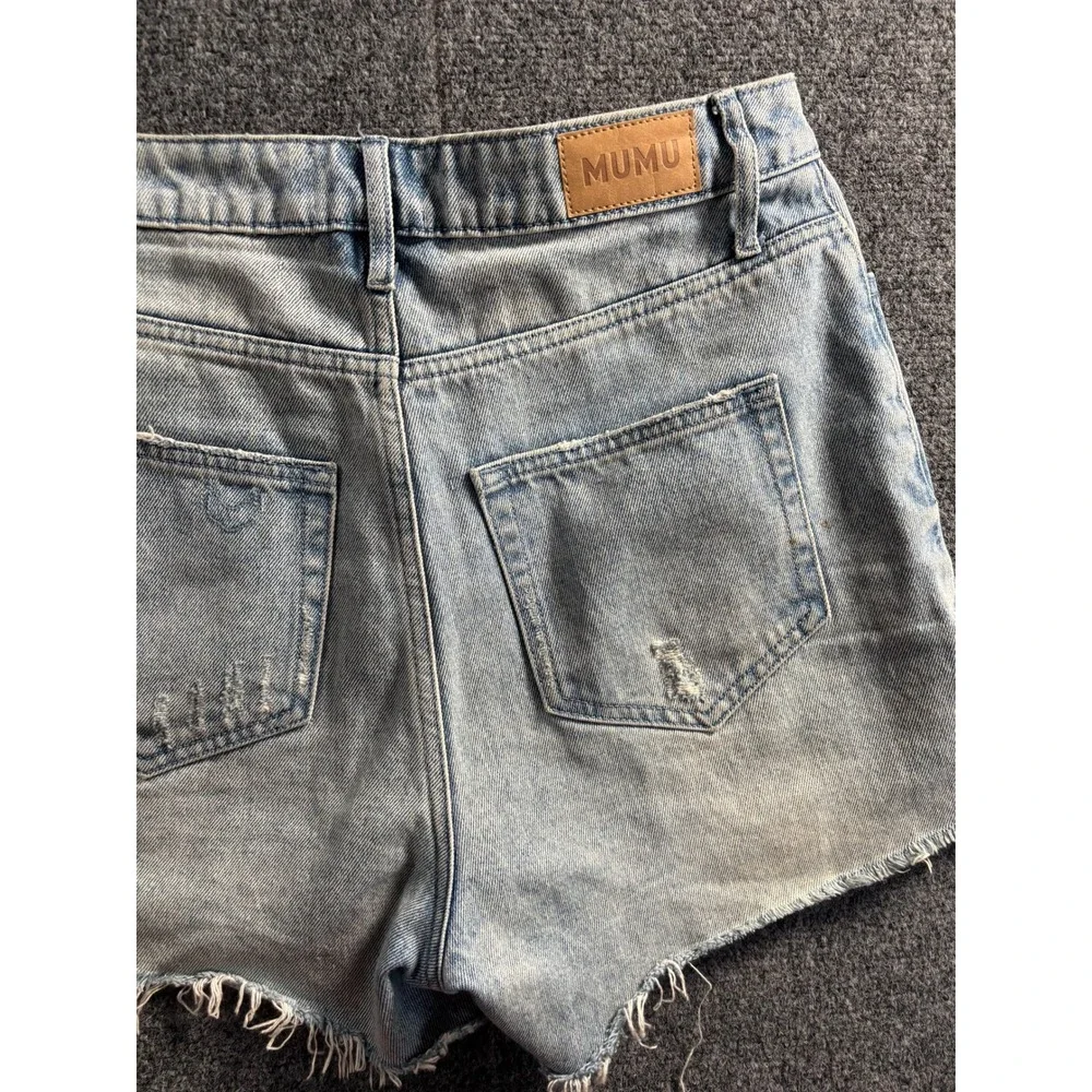 Show‎ Me Your Mumu Denim Shorts Womens 25 Blue Distressed High Waist Frayed Hem